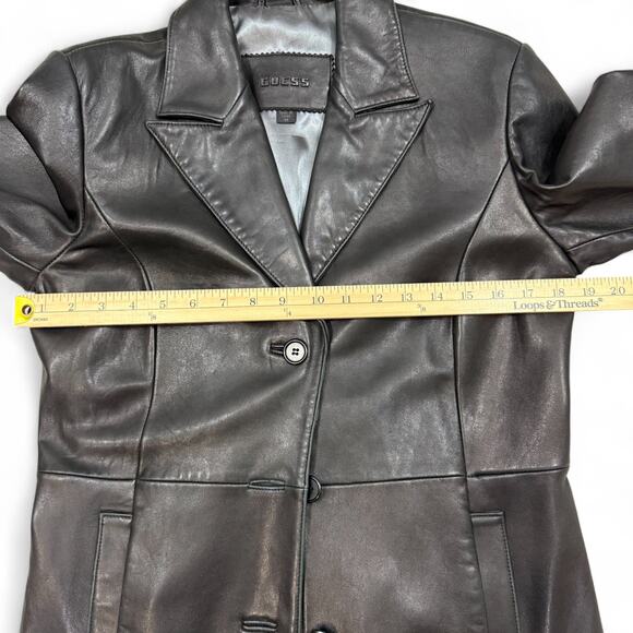 Vintage 90s Guess Genuine Leather Longline Blazer Coat‎ Jacket Black Medium Y2K - Picture 12 of 13